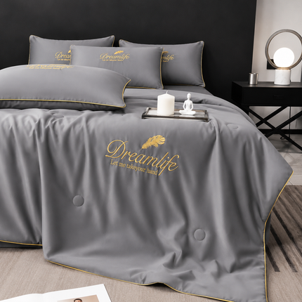Set Luxury + pilotă ușoară inclusă din Mătase, 4 piese, pat dublu, gri perlat, Cod: FMY22