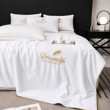 Set Luxury + pilotă ușoară inclusă din Mătase, 4 piese, pat dublu, albă, Cod: FMY1