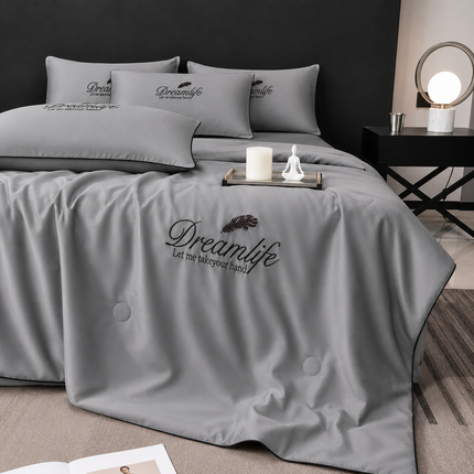 Set Luxury + pilotă ușoară inclusă din Mătase, 4 piese, pat dublu, gri argintiu, Cod: FMY23