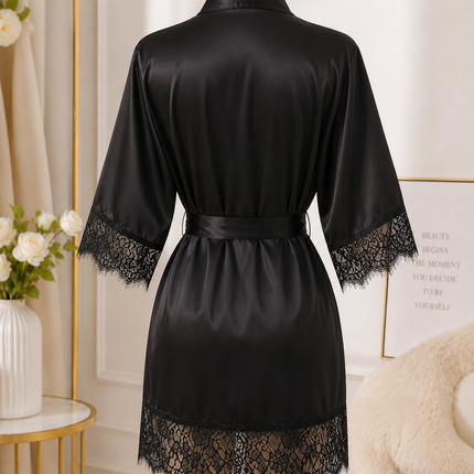 Halat Damă Satinat cu Dantelă – Elegant și Rafinat, Negru, Cod: LUXE5