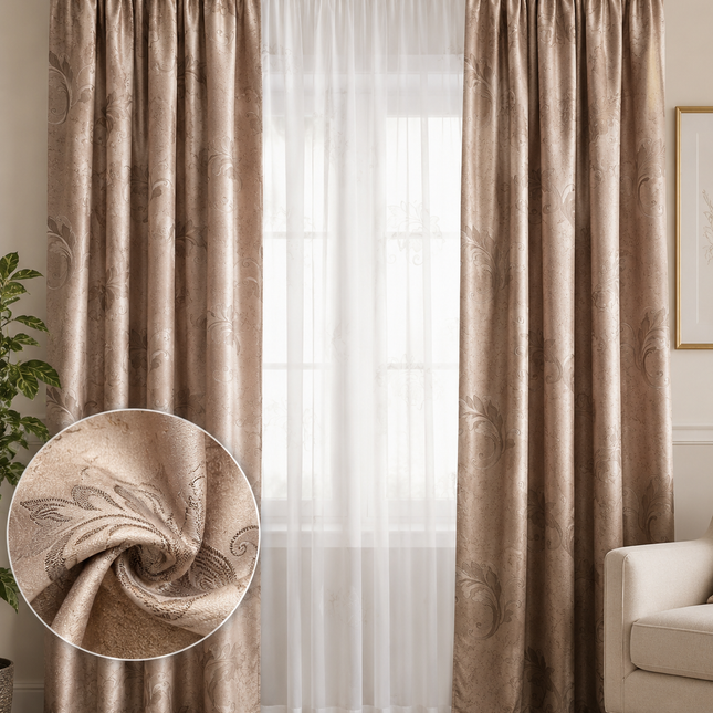 Draperie Jacquard Elegantă – Colecția RS | Set 2 bucăți | Bej Șampanie | Rejansă, Cod: RS03
