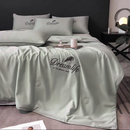 Set Luxury + pilotă ușoară inclusă din Mătase, 4 piese, pat dublu, gri, Cod: FMY6