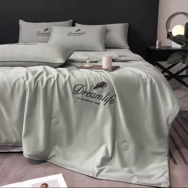 Set Luxury + pilotă ușoară inclusă din Mătase, 4 piese, pat dublu, gri, Cod: FMY6