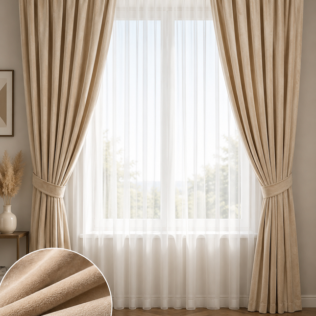 Draperie Catifea Premium Amsterdam – Set 2 bucăți, Rejansă, bej, Aspect Elegant, Cod: AMST2