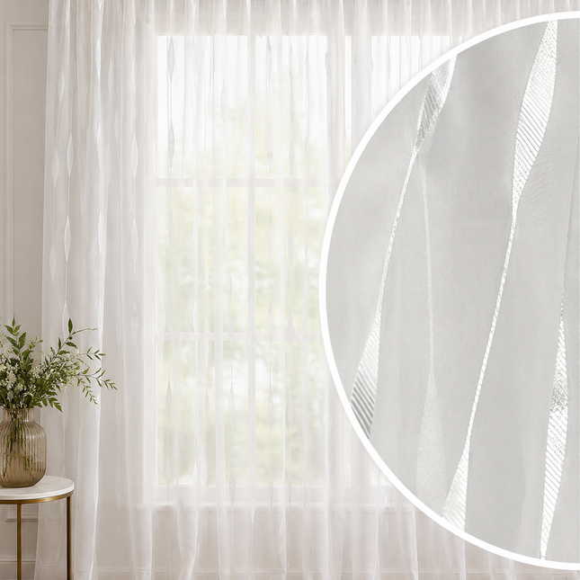 Perdea Voal Jacquard Alb cu Model Ondulat și Inserții Satinate – Rejansă, 400 x 250 cm, Cod: VL3