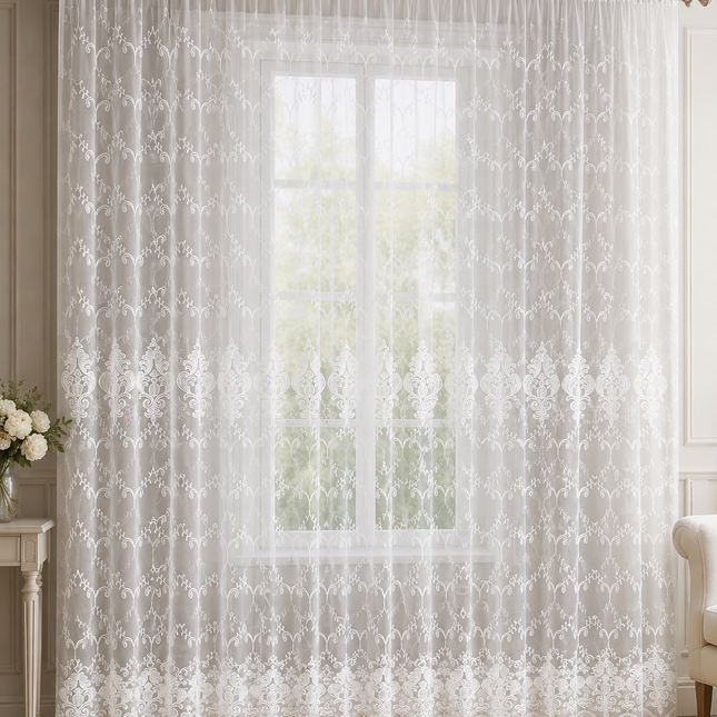 Perdea brodată albă – 4 m x 2,5 m, prindere pe rejansă, cod: MFE2
