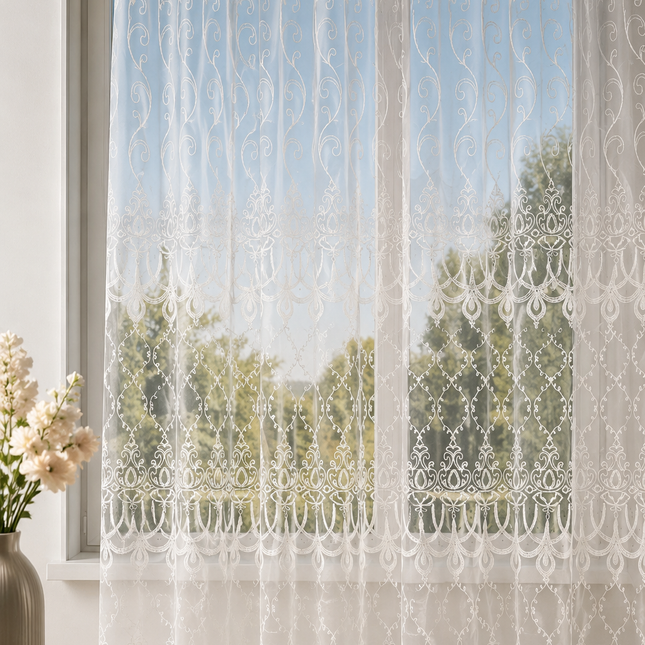 Perdea voal brodată premium – Model Floral Elegant – 400 × 250 cm, cod: MFE3