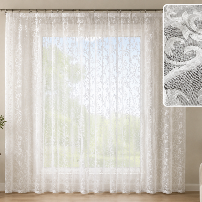 Perdea Voal Jacquard cu model floral – Alb/Ivory – 4 x 2,5 m , cod: PVBP10