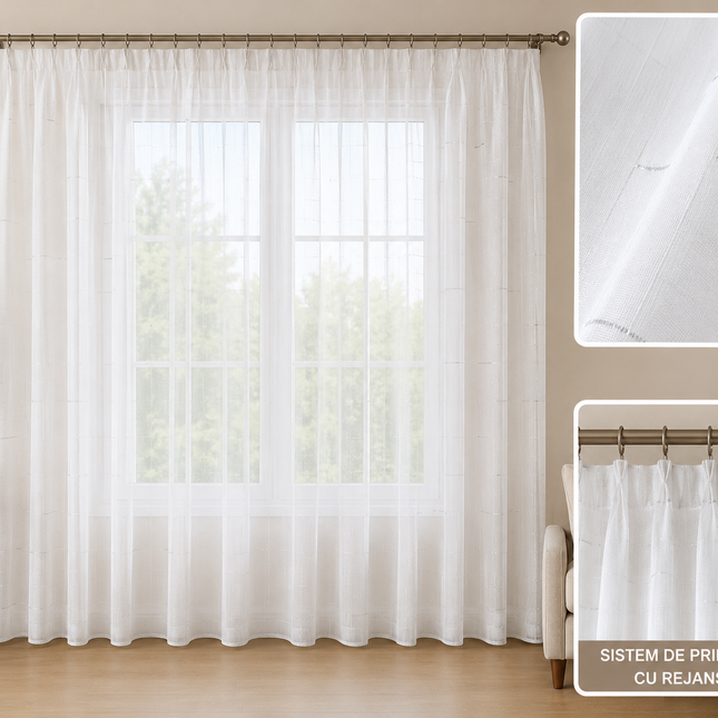 Perdea tip voal cu aspect in natural – Alb cu inserții gri, 400 x 250 cm (L x H),  cod: PVBP12