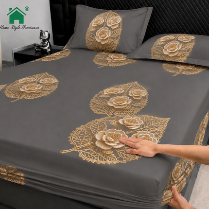 Husă de pat cu elastic din Bumbac Finet + 2 Fețe de Pernă, 160x200, Cod: DRM143