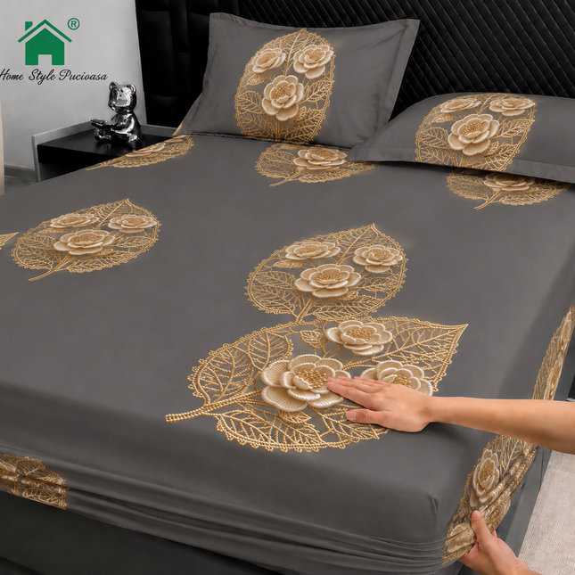 Husă de pat cu elastic din Bumbac Finet + 2 Fețe de Pernă, 160x200, Cod: DRM143