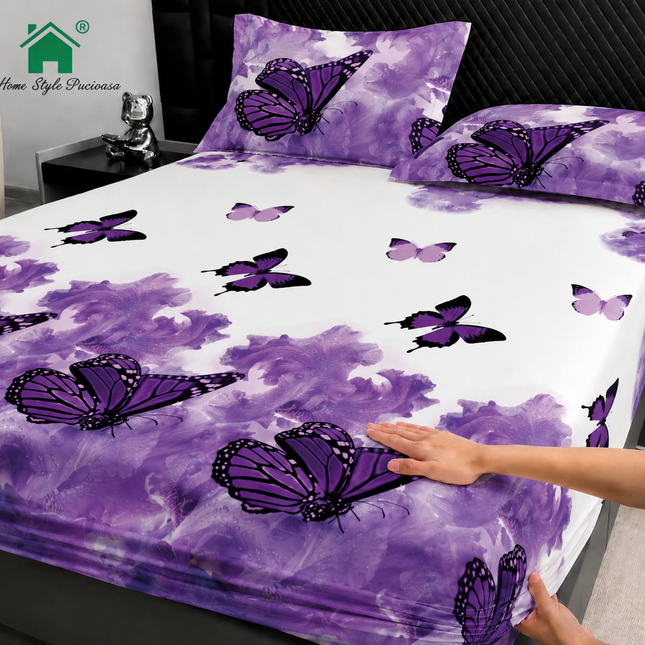 Husă de pat cu elastic din Bumbac Finet + 2 Fețe de Pernă, 160x200, Cod: DRM141