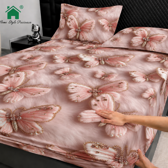 Husă de pat cu elastic din Bumbac Finet + 2 Fețe de Pernă, 160x200, Cod: DRM140