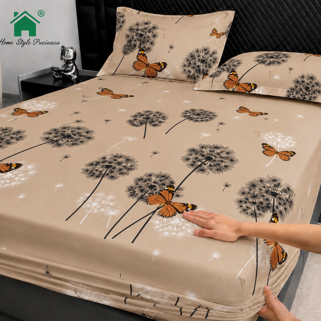 Husă de pat cu elastic din Bumbac Finet + 2 Fețe de Pernă, 160x200, Cod: DRM139