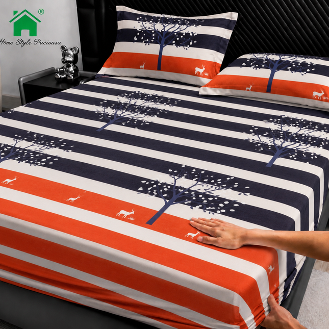 Husă de pat cu elastic din Bumbac Finet + 2 Fețe de Pernă, 180x200, Cod: DRM151