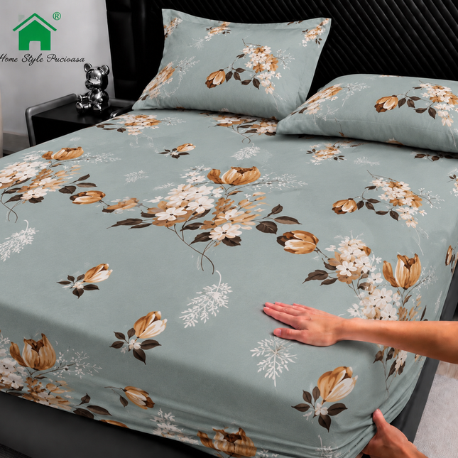 Husă de pat cu elastic din Bumbac Finet + 2 Fețe de Pernă, 180x200, Cod: DRM154