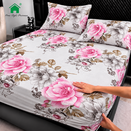 Husă de pat cu elastic din Bumbac Finet + 2 Fețe de Pernă, 180x200, Cod: DRM165