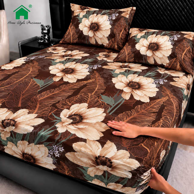 Husă de pat cu elastic din Bumbac Finet + 2 Fețe de Pernă, 180x200, Cod: DRM171