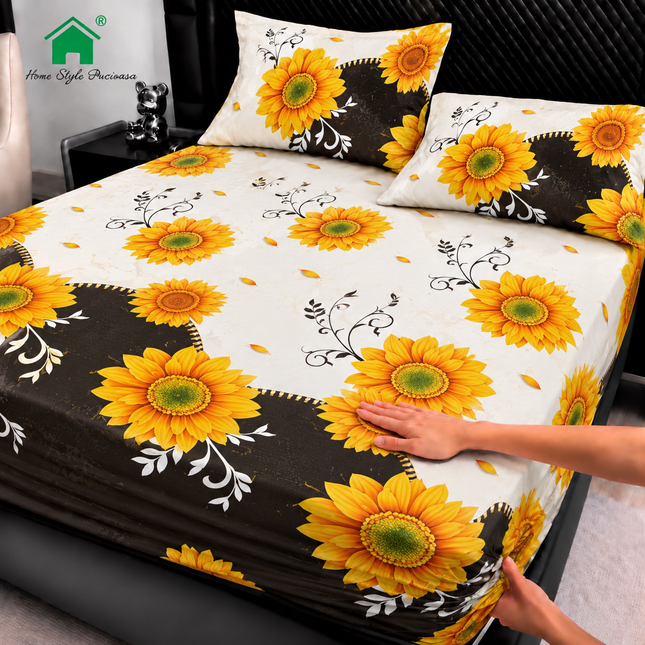 Husă de pat cu elastic din Bumbac Finet + 2 Fețe de Pernă, 180x200, Cod: DRM172