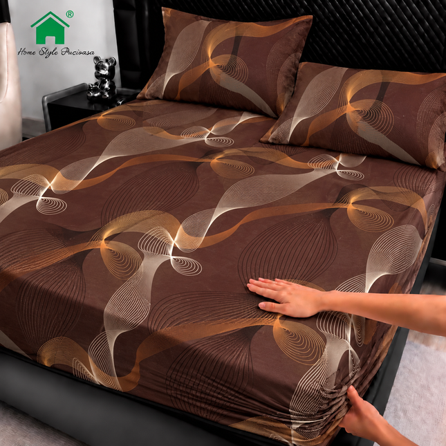 Husă de pat cu elastic din Bumbac Finet + 2 Fețe de Pernă, 180x200, Cod: DRM176