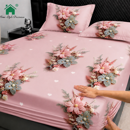 Husă de pat cu elastic din Bumbac Finet + 2 Fețe de Pernă, 160x200, Cod: DRM138