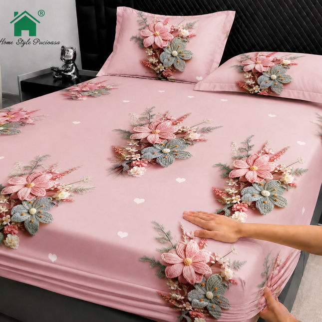 Husă de pat cu elastic din Bumbac Finet + 2 Fețe de Pernă, 160x200, Cod: DRM138