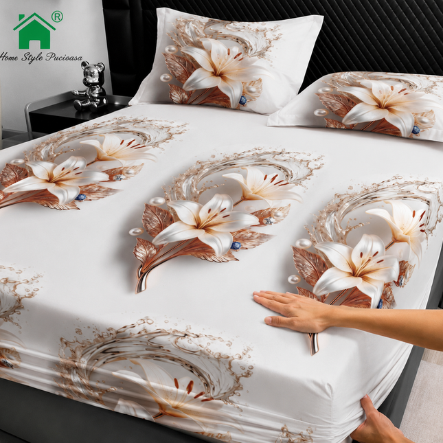 Husă de pat cu elastic din Bumbac Finet + 2 Fețe de Pernă, 160x200, Cod: DRM145