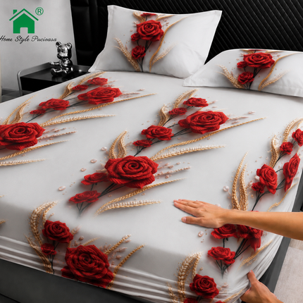 Husă de pat cu elastic din Bumbac Finet + 2 Fețe de Pernă, 160x200, Cod: DRM134