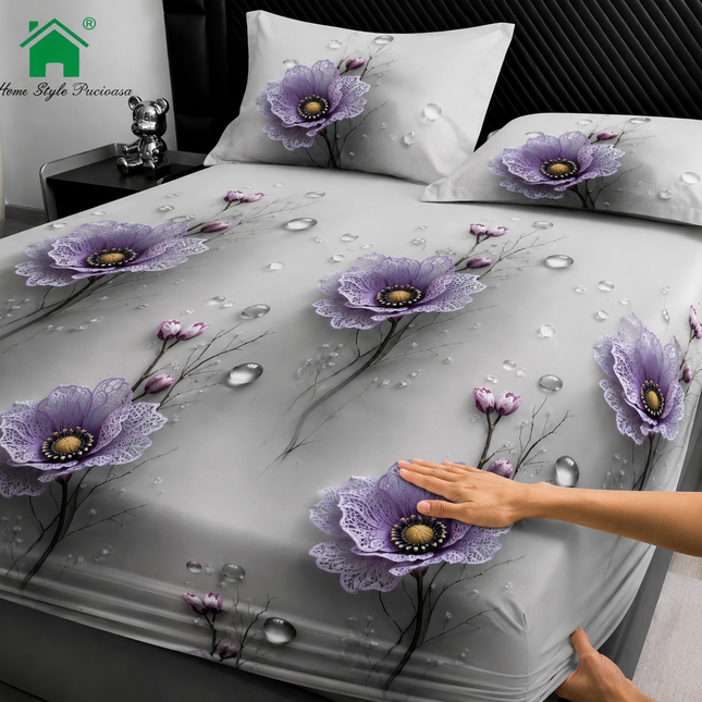 Husă de pat cu elastic din Bumbac Finet + 2 Fețe de Pernă, 160x200, Cod: DRM133
