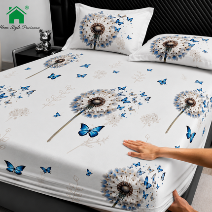 Husă de pat cu elastic din Bumbac Finet + 2 Fețe de Pernă, 160x200, Cod: DRM132
