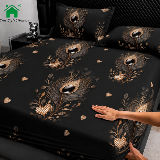 Husă de pat cu elastic din Bumbac Finet + 2 Fețe de Pernă, 160x200, Cod: DRM123