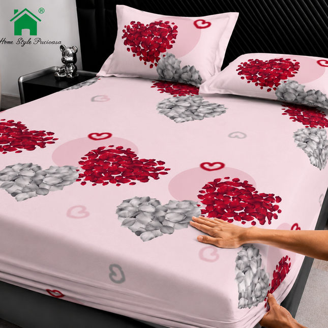 Husă de pat cu elastic din Bumbac Finet + 2 Fețe de Pernă, 160x200, Cod: DRM119