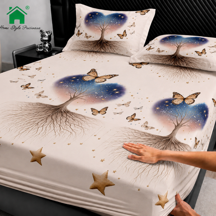 Husă de pat cu elastic din Bumbac Finet + 2 Fețe de Pernă, 160x200, Cod: DRM115