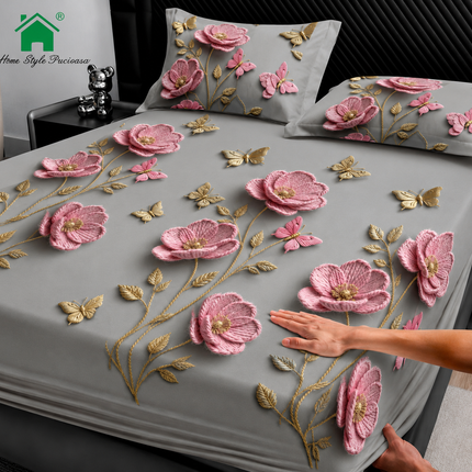 Husă de pat cu elastic din Bumbac Finet + 2 Fețe de Pernă, 160x200, Cod: DRM113