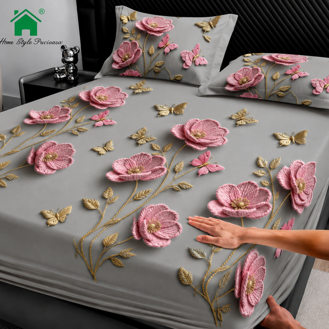 Husă de pat cu elastic din Bumbac Finet + 2 Fețe de Pernă, 160x200, Cod: DRM113