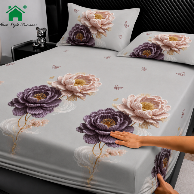 Husă de pat cu elastic din Bumbac Finet + 2 Fețe de Pernă, 160x200, Cod: DRM110