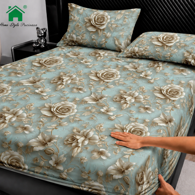 Husă de pat cu elastic din Bumbac Finet + 2 Fețe de Pernă, 180x200, Cod: DRM90