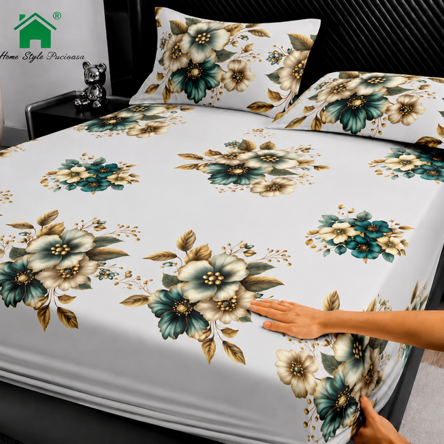 Husă de pat cu elastic din Bumbac Finet + 2 Fețe de Pernă, 180x200, Cod: DRM89