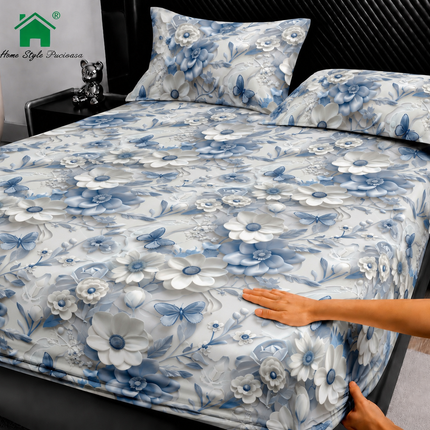 Husă de pat cu elastic din Bumbac Finet + 2 Fețe de Pernă, 180x200, Cod: DRM85