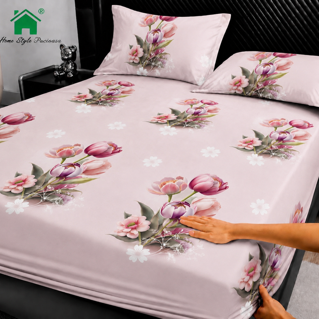 Husă de pat cu elastic din Bumbac Finet + 2 Fețe de Pernă, 180x200, Cod: DRM84