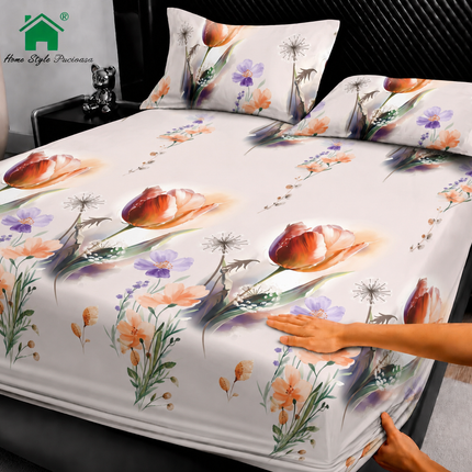 Husă de pat cu elastic din Bumbac Finet + 2 Fețe de Pernă, 180x200, Cod: DRM82
