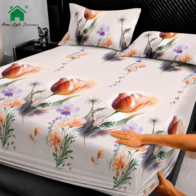 Husă de pat cu elastic din Bumbac Finet + 2 Fețe de Pernă, 180x200, Cod: DRM82