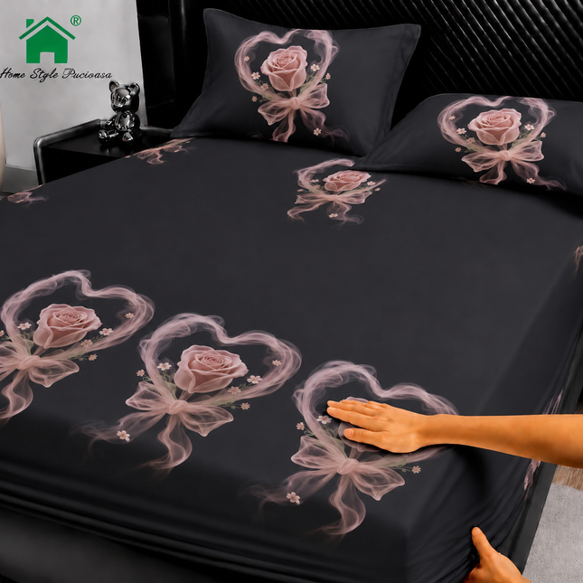 Husă de pat cu elastic din Bumbac Finet + 2 Fețe de Pernă, 180x200, Cod: DRM81