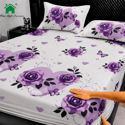 Husă de pat cu elastic din Bumbac Finet + 2 Fețe de Pernă, 160x200, Cod: DRM66