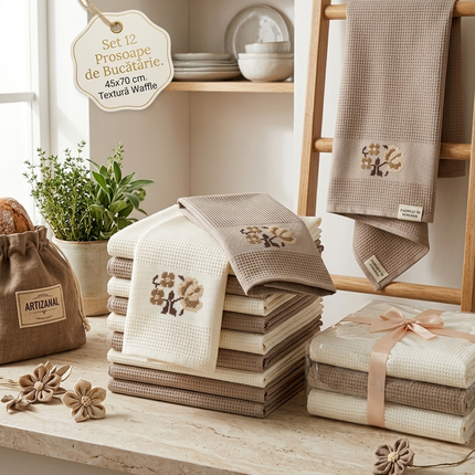 Set Prosoape Bucătărie – 12 bucăți | 45x70 cm | Bumbac Natural, Cod: REW12
