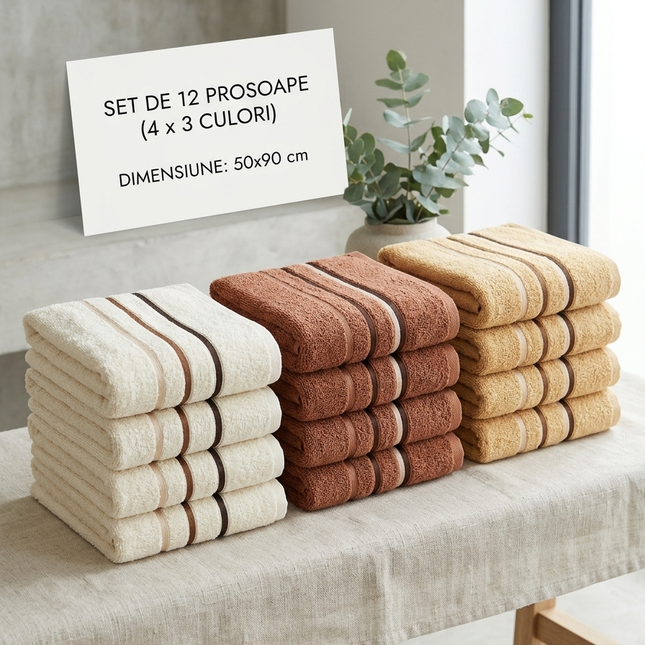 Set Prosoape Premium – 12 bucăți | 50x90 cm | 3 Culori Elegante, Cod: PPGB5