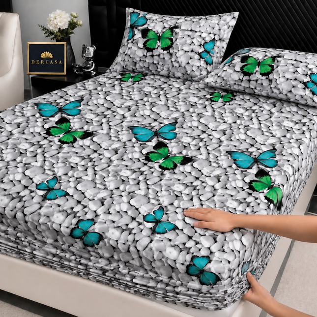Husă de pat cu elastic din Bumbac Finet + 2 Fețe de Pernă, 180x200, Cod: DRW10
