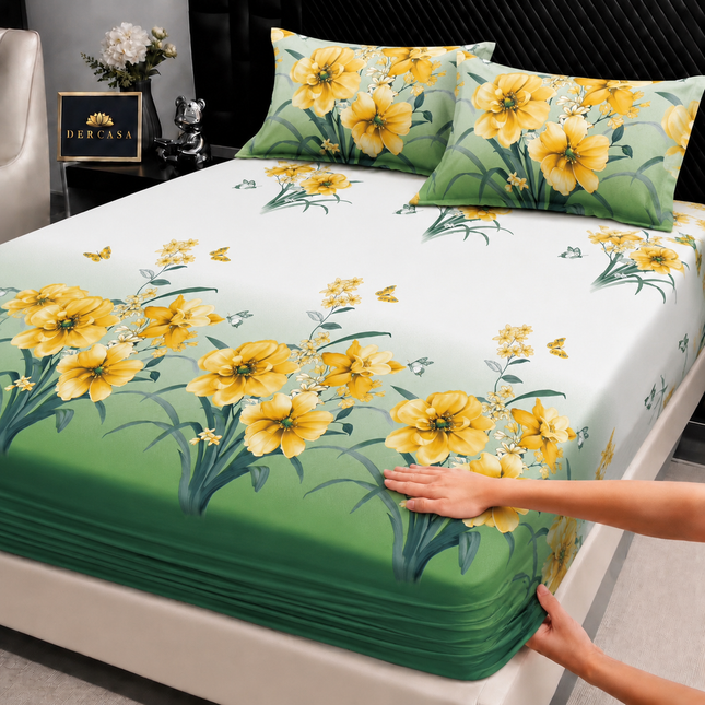 Husă de pat cu elastic din Bumbac Finet + 2 Fețe de Pernă, 160x200, Cod: DRW26