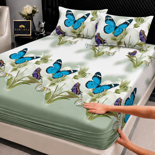 Husă de pat cu elastic din Bumbac Finet + 2 Fețe de Pernă, 160x200, Cod: DRW28
