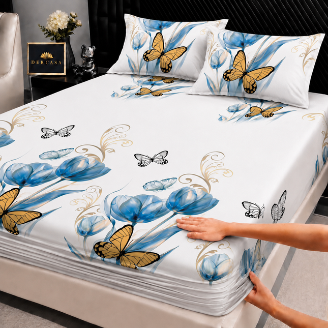 Husă de pat cu elastic din Bumbac Finet + 2 Fețe de Pernă, 160x200, Cod: DRW32